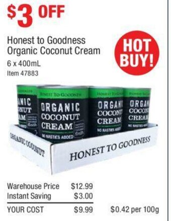 Costco Honest to Goodness Organic Coconut Cream 6x400ml offer