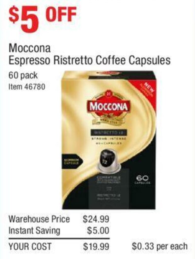 Moccona Espresso Ristretto Coffee Capsules 60 Pack offer at Costco