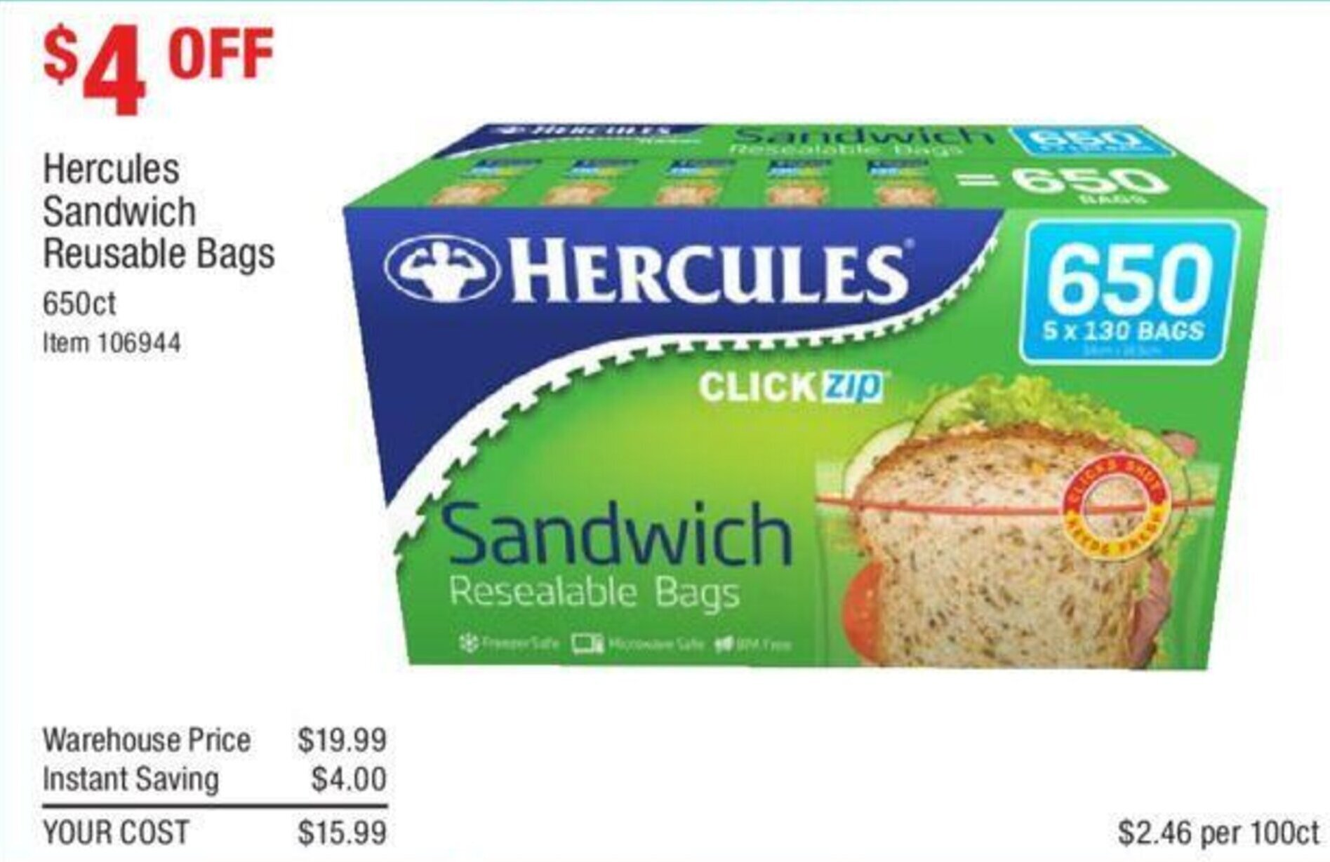 Hercules Sandwich Reusable Bags 650ct offer at Costco