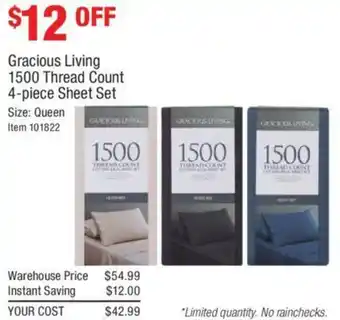Costco Gracious Living 1500 Thread Count 4-Piece Sheet Set Queen offer