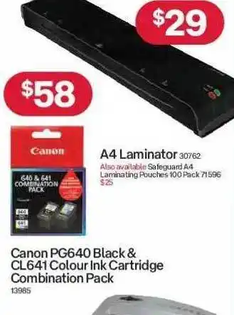 Australia Post Canon pg640 black & cl641 colour ink cartridge combination pack, a4 laminator offer