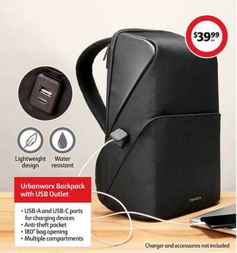 Coles Urbanworx backpack with usb outlet offer
