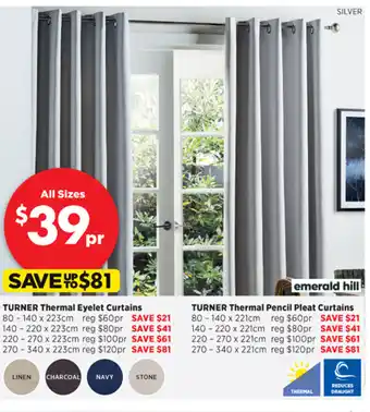 Spotlight Turner Thermal Eyelet Curtains 80-140x223cm / Turner Thermal Pencil Pleat Curtains 80-140x221cm offer