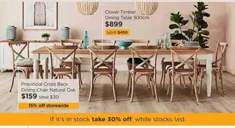 Early Settler Clover timber dining table or provincial cross back dining chair natural oak offer