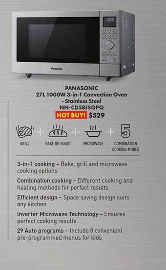The Good Guys Panasonic 27l 1000w 3-in-1 convection oven stainless steel offer