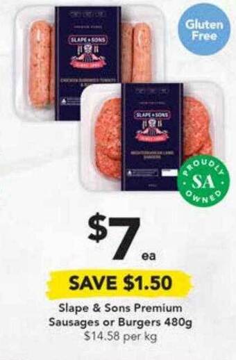 Drakes Slape & sons premium sausages or burgers offer