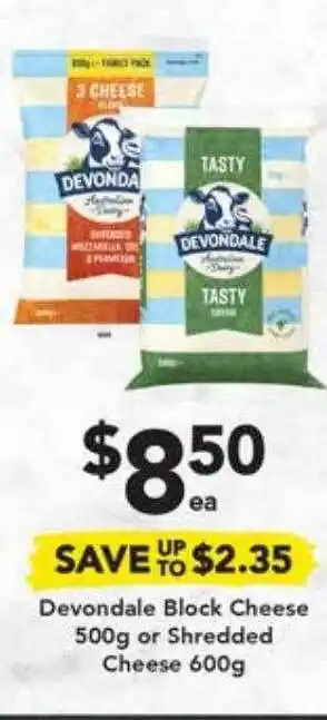 Drakes Devondale block cheese 500g or shredded cheese 600g offer