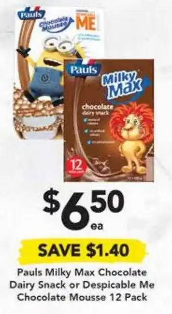 Drakes Pauls milky max chocolate dairy snack or despicable me chocolate mousse 12 pack offer
