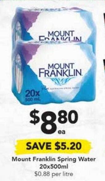 Drakes Mount franklin spring water 20x500ml offer