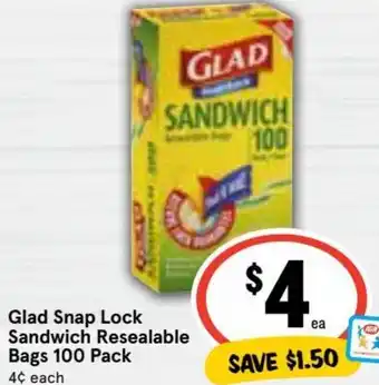 Glad Snap Lock Sandwich Resealable Bags 100 Pack