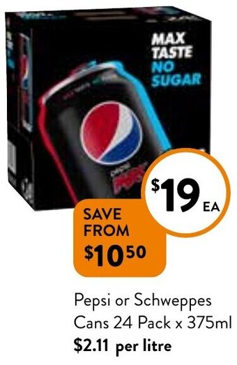 Foodworks Pepsi Or Schweppes Cans 24 Pack x 375ml offer