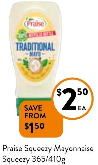 Foodworks Praise Squeezy Mayonnaise Squeezy 365/410g offer