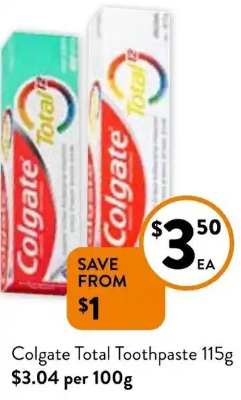 Foodworks ColgateTotal Toothpaste 115g offer