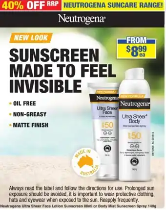 My Chemist Neutrogena Ultra Sheer Face Lotion Sunscreen 88 ml or Body Mist Sunscreen Spray 140 g offer