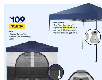 BIG W Life! gazebo screen tent sold separately or one push canopy with light hinterland offer