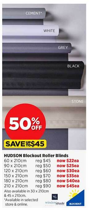 Spotlight Hudson blockout roller blinds offer