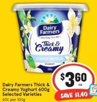 IGA Dairy Farmers Thick & Creamy Yoghurt 600g offer
