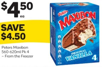 Woolworths Peters Maxibon 560-620ml Pk 4 - From The Freezer offer