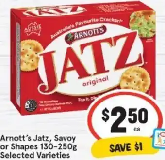 IGA Arnott's Jatz, Savoy or Shapes 130-250 g offer