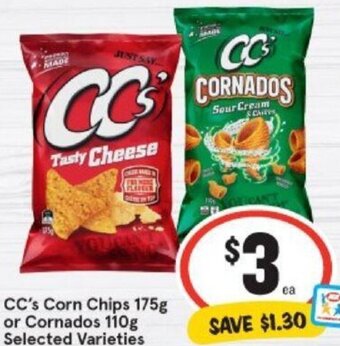 IGA CC's Corn Chips 175 g or Cornados 110 g offer