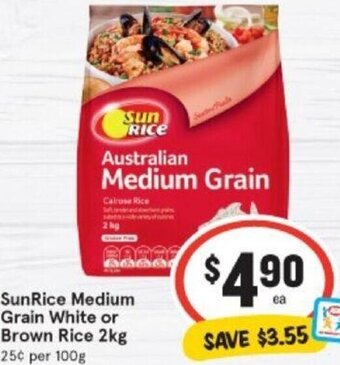 IGA SunRice Medium Grain White or Brown Rice 2kg offer