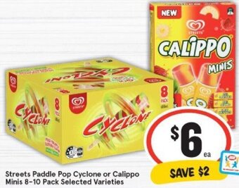 IGA Streets Paddle Pop Cyclone or Calippo Minis 8-10 Pack offer
