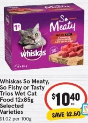 IGA Whiskas So Meaty So Fishy or Tasty Trios Wet Cat Food 12x85g offer