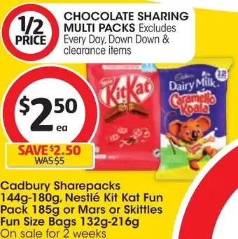 Coles Cadbury Sharepacks 144g-180g, Nestlé Kit Kat Fun Pack 185 g or Mars or Skittles Fun Size Bags 132g-216g offer