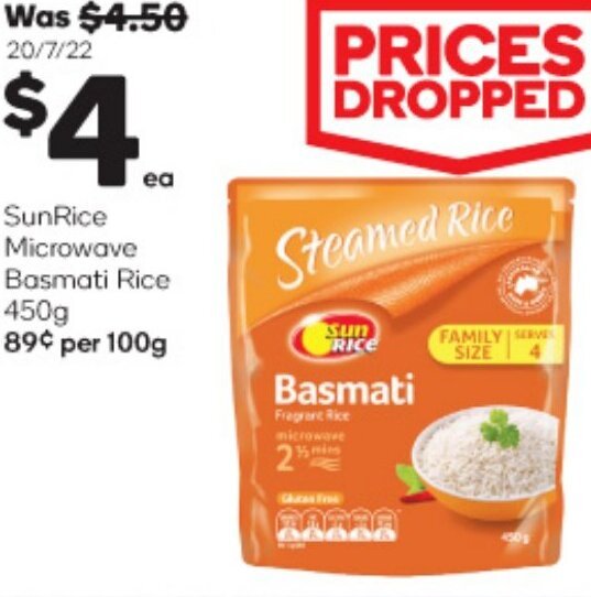 SunRice Microwave Basmati Rice 450g offer at Woolworths