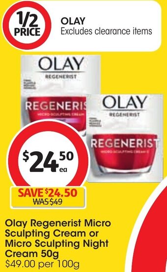 Coles Olay Regenerist Micro-Sculpting Cream or Micro Sculpting Night Cream 50g offer