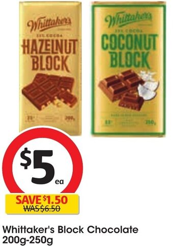 Coles Whittaker's Block Chocolate 200g-250g offer