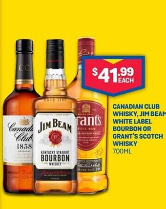 Canadian club whisky, jim beam white label bourbon or grant's scotch whisky