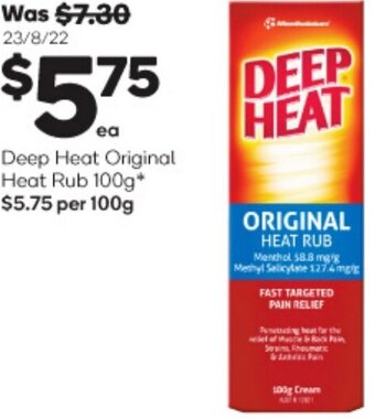 Woolworths Deep Heat Original Heat Rub 100g offer