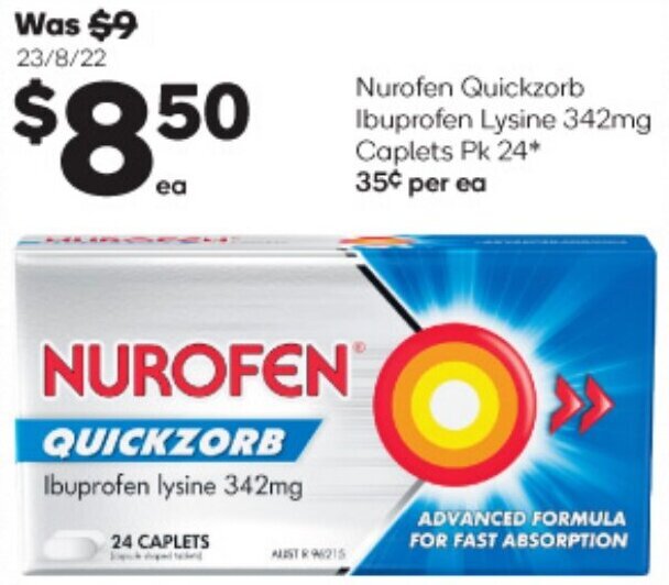 Nurofen Quickzorb Ibuprofen Lysine 342mg Caplets Pk 24 offer at Woolworths