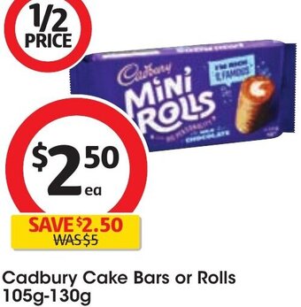 Coles Cadbury Cake Bars or Rolls 105g-130g offer