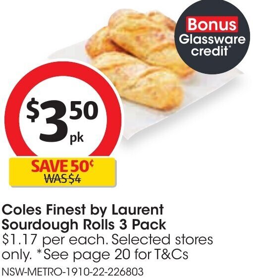 Coles Finest by Laurent Sourdough Roll 3 Pack offer at Coles
