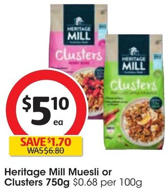 Coles Heritage Mill Muesli or Clusters 750g offer