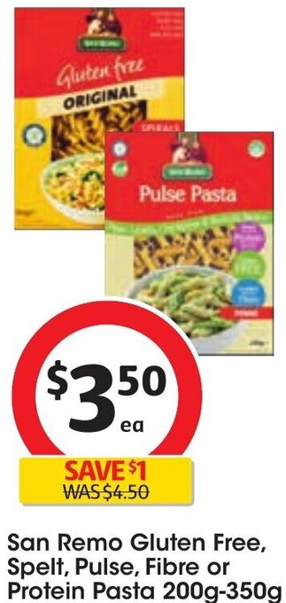 Coles San Remo Gluten Free, Spelt, Pulse, Fibre or Protein Pasta 200g-350g offer