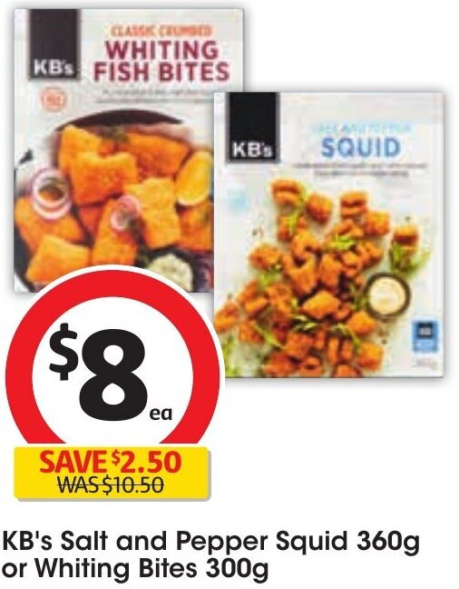 KB's Salt and Pepper Squid 360g or Whiting Bites 300g offer at Coles