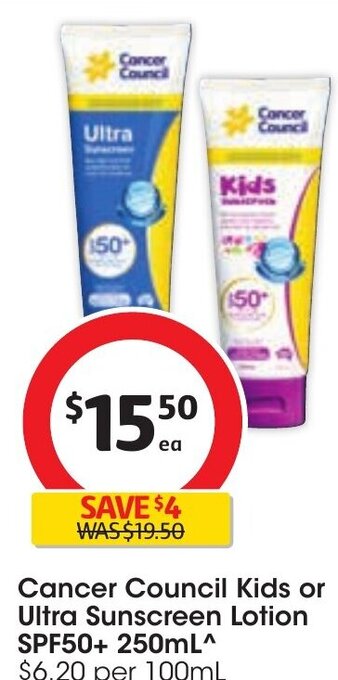 Coles Cancer Council Kids or Ultra Sunscreen Lotion SPF50+ 250ml offer