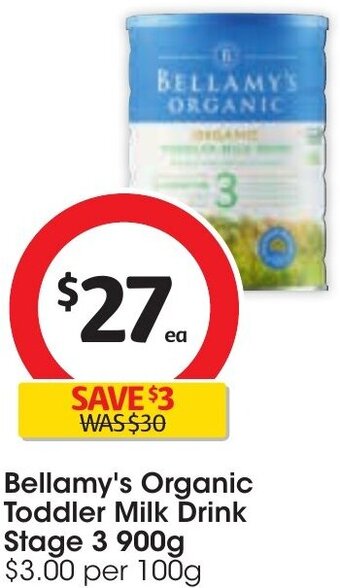 Coles Bellamy's Organic Toddler Milk Drink Stage 3 900g offer