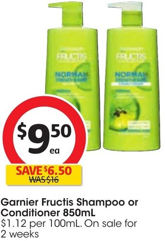 Coles Garnier Fructis Shampoo or Conditioner 850 ml offer