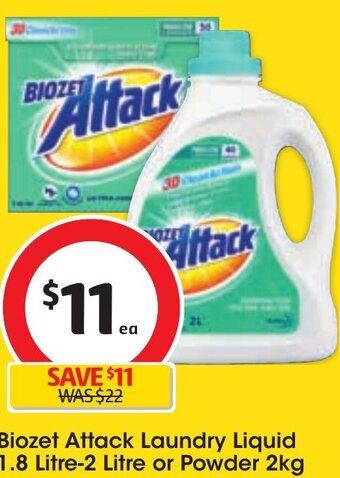 Coles Biozet Attack Laundry Liquid 1.8 Litre-2 Litre or Powder 2kg offer