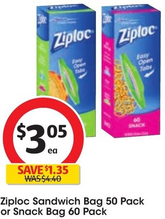 Coles Ziploc Sandwich Bag 50 Pack or Snack Bag 60 Pack offer