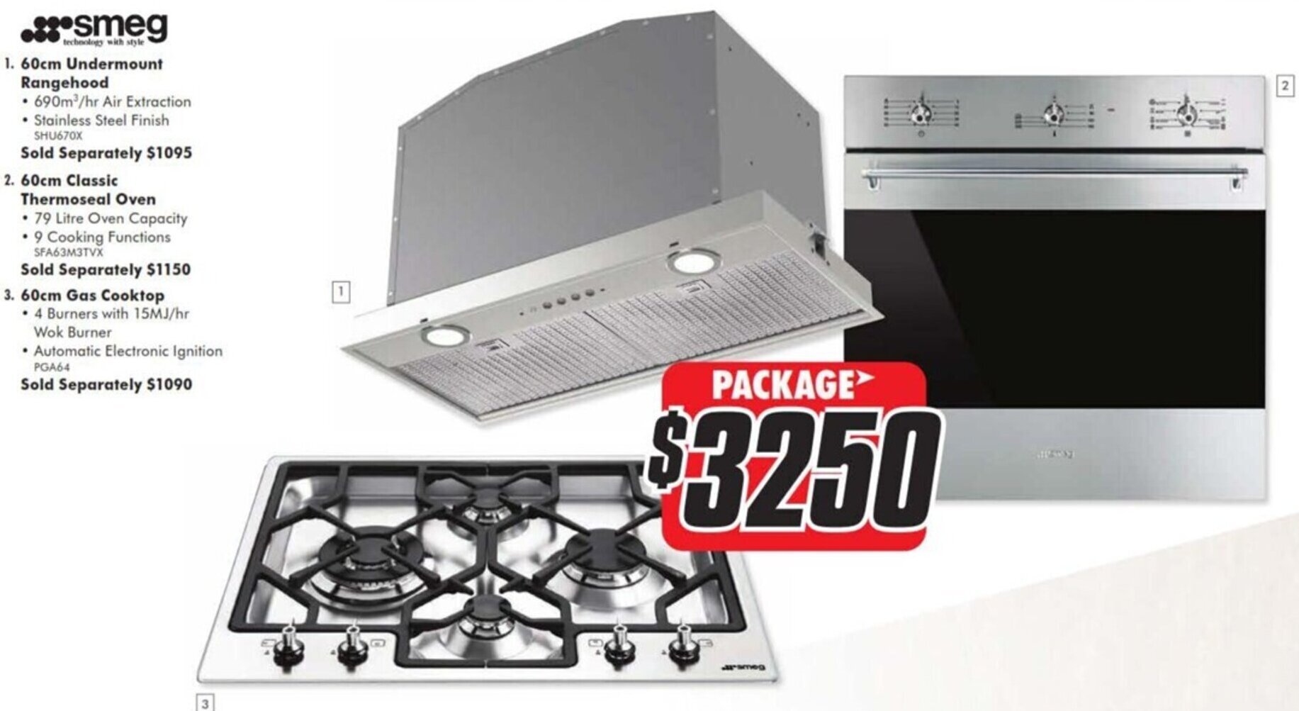 60cm Undermount Rangehood /60cm Classic Thermoseal Oven/60cm Gas