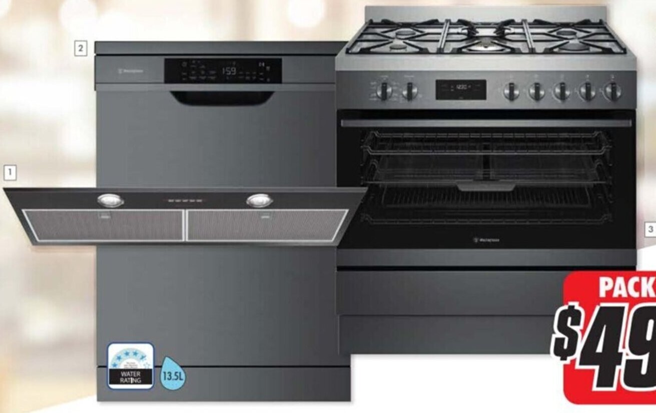 86cm Integrated Rangehood /60cm Freestanding Dishwasher/90cm Dual Fuel Upright Cooker offer at