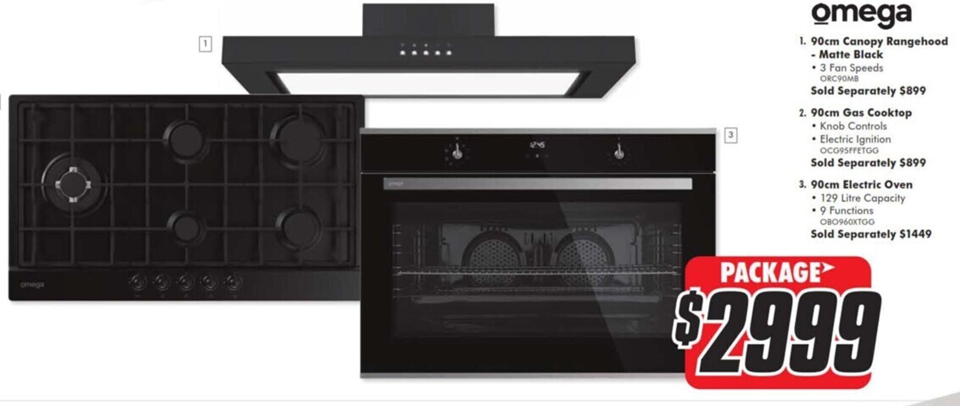 90cm Canopy RangehoodMatte Black/90cm Gas Cooktop /90cm Electric Oven