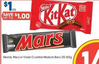Foodland Nestlé, mars or violet crumble medium bars offer