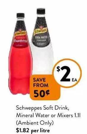 Foodworks Schweppes soft drink, mineral water or mixers (ambient only) offer