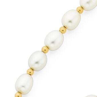 Prouds 9ct gold 45cm cultured fresh water rice pearl rondell necklace with filigree clasp offer